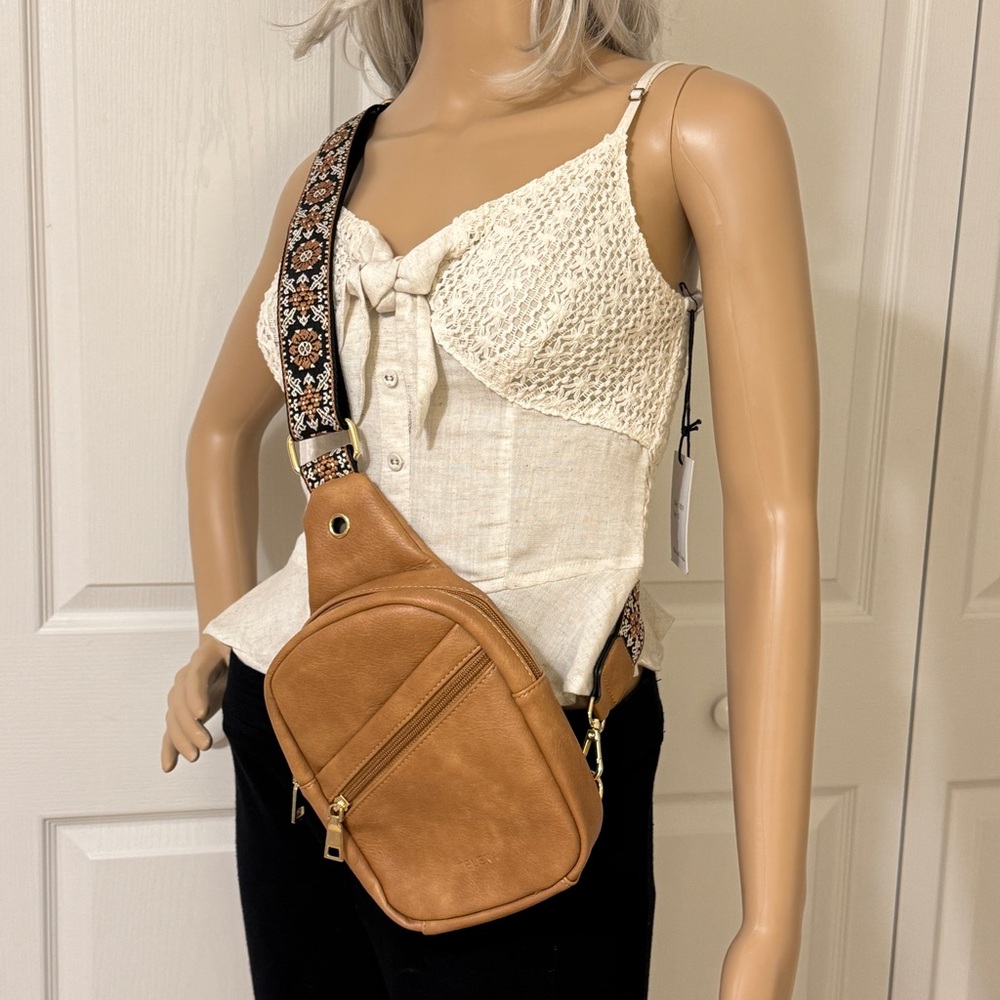Telena Tan Sling Crossbody Handbag Adjustable Strap Vegan Leather Fanny Pack - Picture 4 of 10